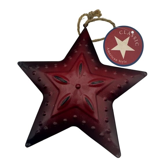 Red Rustic Metal Star Ornament With Rope Hanger Classic American Style Farmhouse - Picture 1 of 3